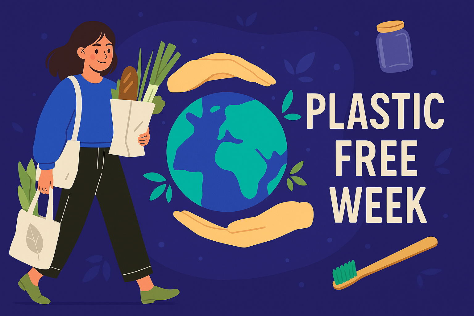 Illustrated woman carrying reusable grocery bags with vegetables and bread, hands holding Earth, bamboo toothbrush, and eco-friendly items, promoting Plastic Free Week.