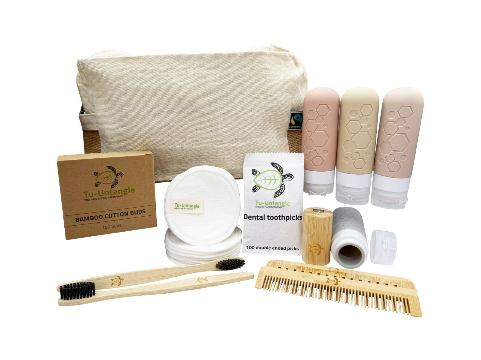 Eco-friendly bamboo toothbrushes and travel sets in plastic-free packaging