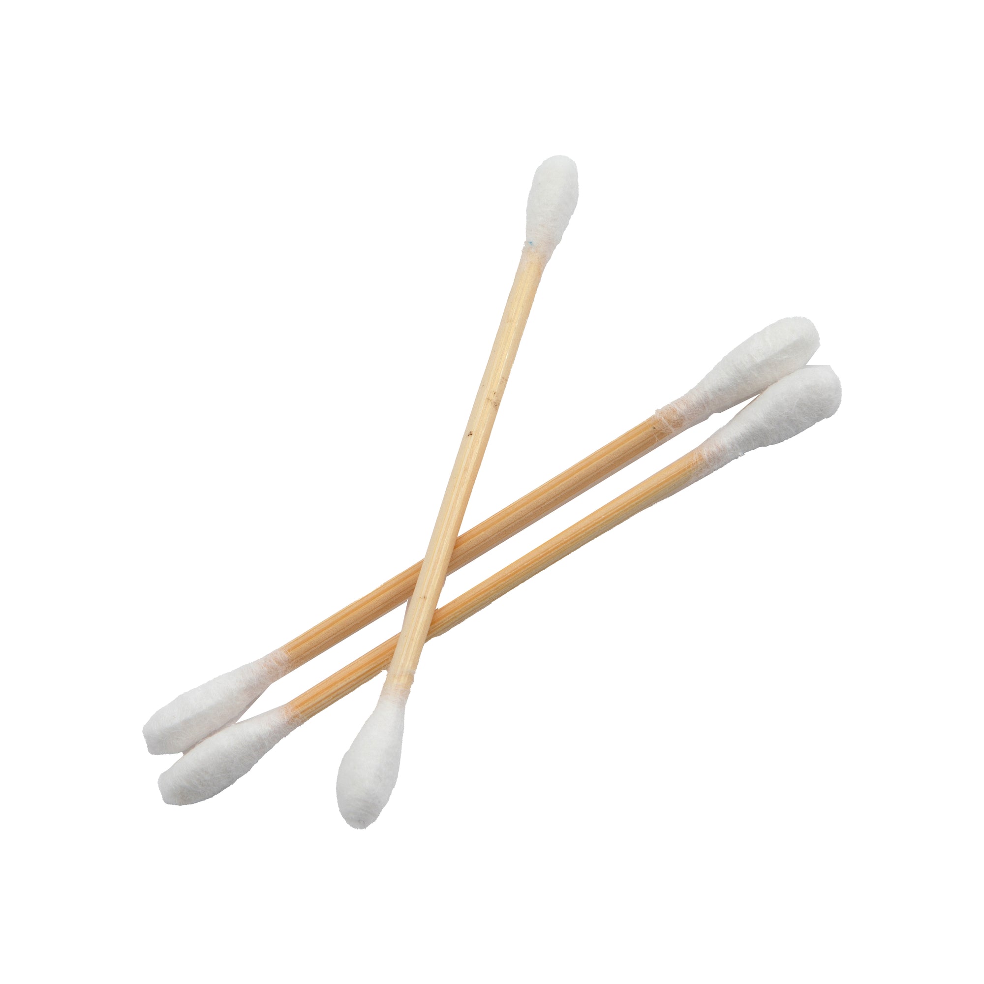 Three cotton swabs with wooden handles on a white background