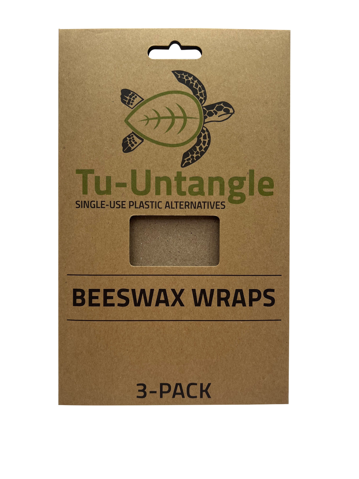 Kraft paper packaging for Tu-Untangle beeswax wraps with a turtle logo on a white background.