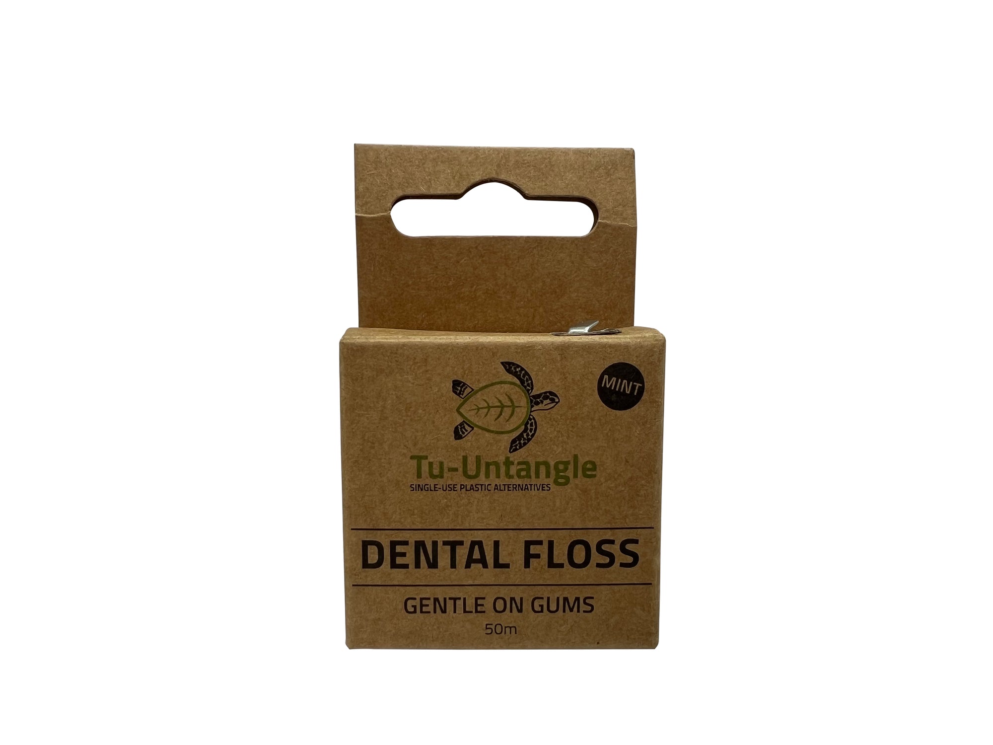 Cardboard packaging of dental floss with 'Tu-Untangle' branding on a white background