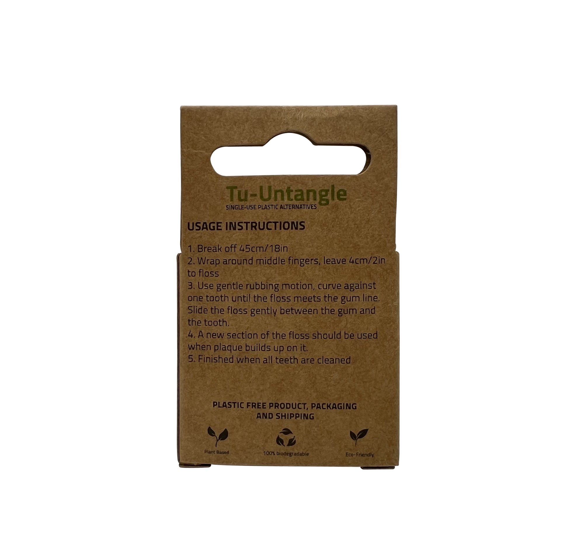 Brown package with usage instructions for Tu-Untangle dental floss on a white background