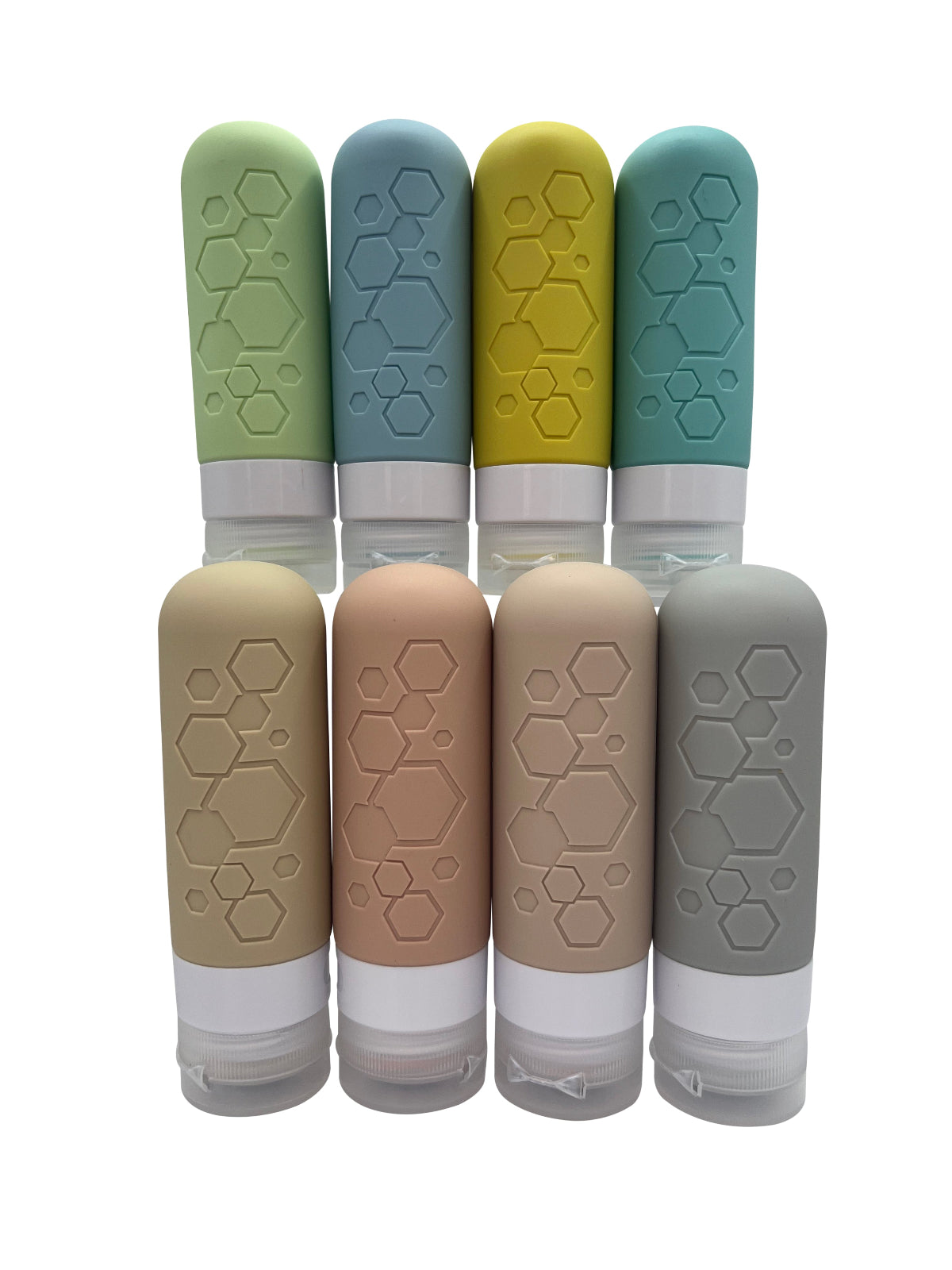 Set of eight lip balm tubes with textured grips in various colors on a white background