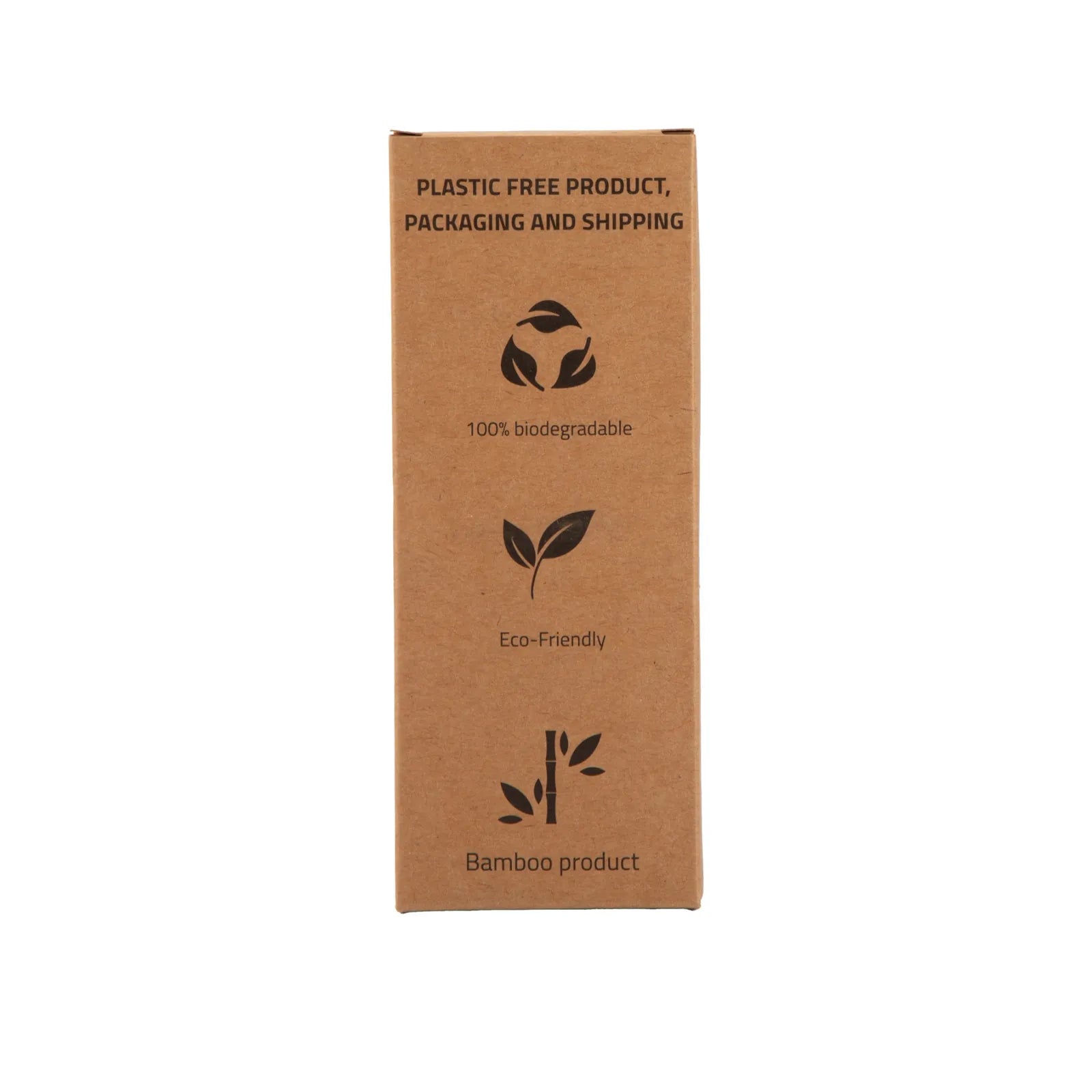 Eco-friendly cardboard box with biodegradable and bamboo product text on a white background